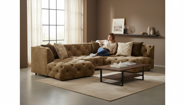 Chesterfield canapé d'angle en forme de L Design Textile Upholstery Suite Canapé d'angle nouveau