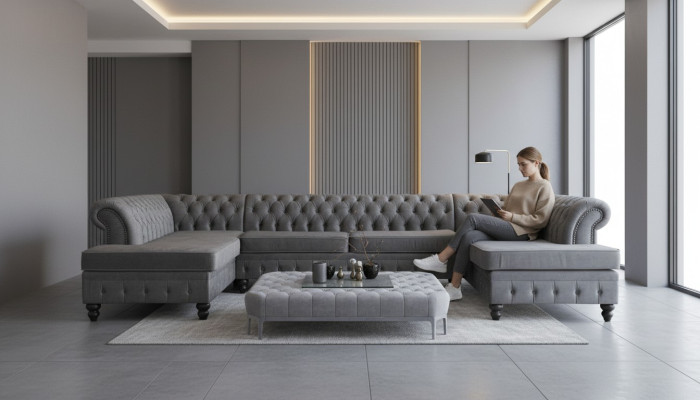 Chesterfield canapé d'angle en velours en forme de U, paysager de salon, coin salon, canapé, canapés, neuf