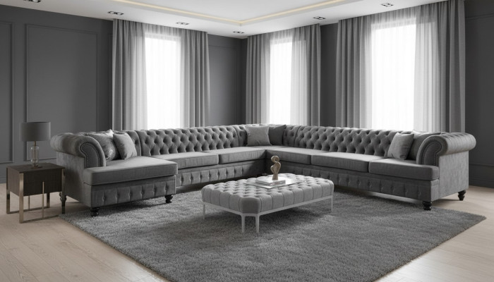 Ensemble de canapé d'angle moderne de luxe en forme de U Chesterfield et table basse textile pour salon