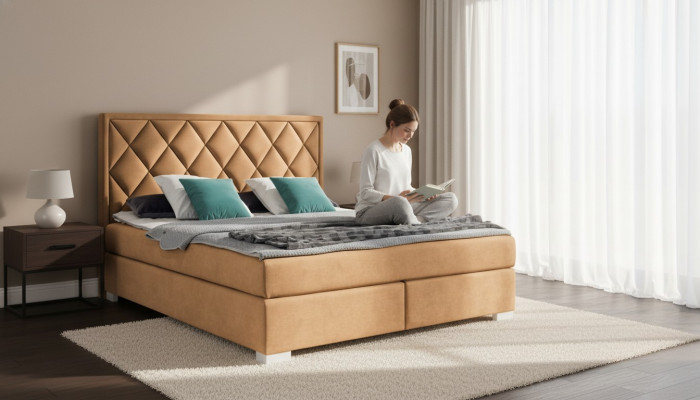 Luxueux lit Box Spring en tissu Hotel Beige Lits Mobilier Chambre Design Double
