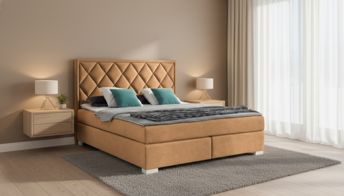 Luxueux lit Box Spring en tissu Hotel Beige Lits Mobilier Chambre Design Double