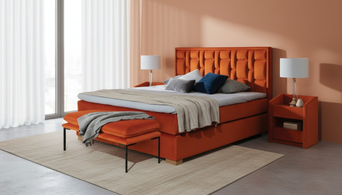 Ensemble de chambre à coucher avec 4 pièces. 2 tables de chevet, 1 banc, lits modernes.