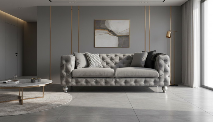 Canapé de salon design en tissu gris pour trois personnes, canapés en velours xxl avec grand rembourrage.