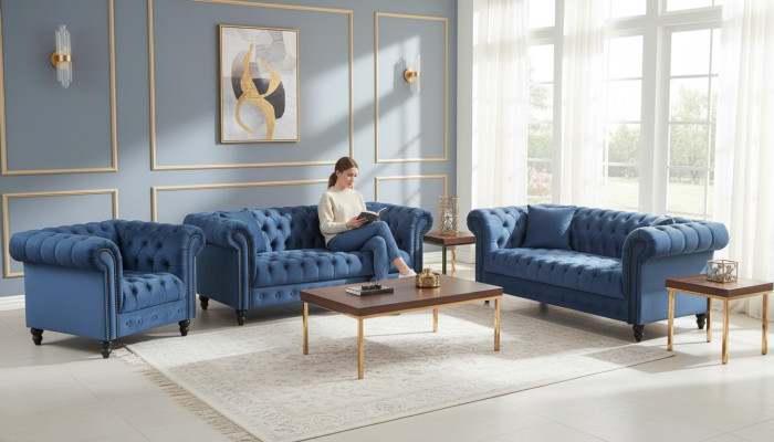 Un canapé Chesterfield trois places en tissu de luxe pour meubles.