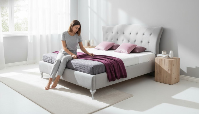 Ensemble de chambre à coucher 3 pièces avec lit textile et 2 tables de chevet, mobilier moderne de luxe, lits neufs.