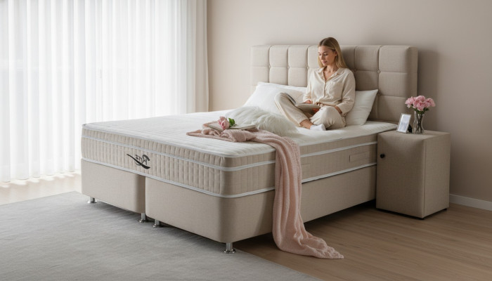 Lit boxspring de luxe en 3 pièces Ensemble Table de chevet Lits Mobilier Chambre de luxe