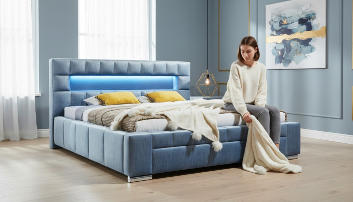 Boîte de luxe pour lit à ressorts en tissu Hotel Bleu e Lits Chambre Meubles Design Double