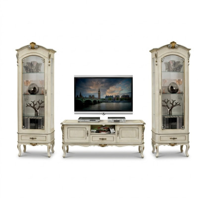 Salon Armoire Unité murale Meuble TV 3 pièces Armoire vitrine x2 Design Italie Mobilier Style baroque