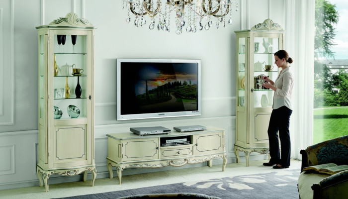 Unité murale de luxe composée de 3 pièces, cabinet TV 2x vitrine design de meubles italiens de style baroque pour le salon.