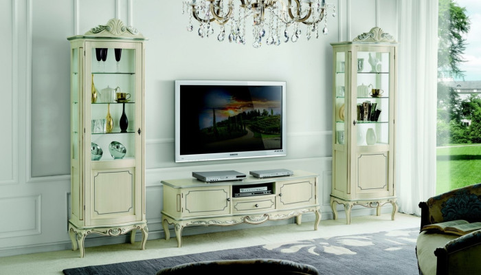Unité murale de luxe composée de 3 pièces, cabinet TV 2x vitrine design de meubles italiens de style baroque pour le salon.