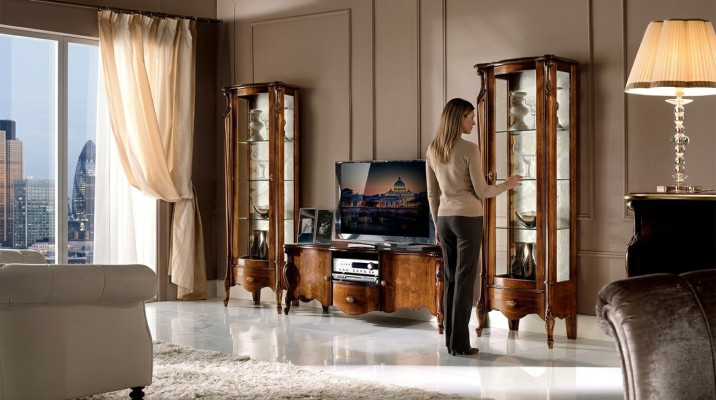 Meuble TV 3 pièces de luxe avec 2x vitrine design Meuble baroque italien style nouveau