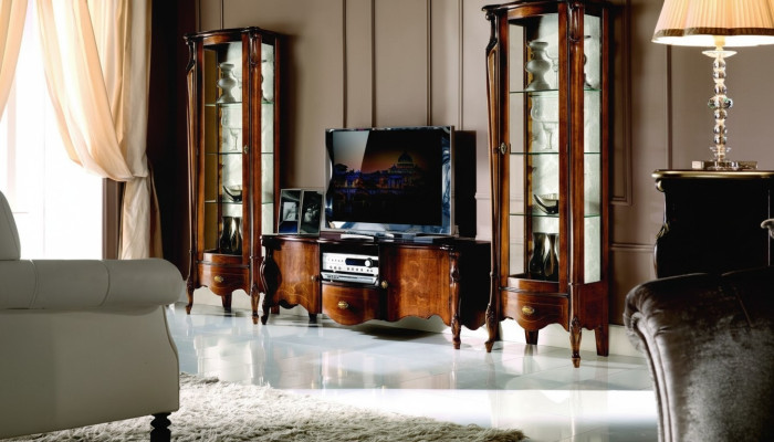 Meuble TV 3 pièces de luxe avec 2x vitrine design Meuble baroque italien style nouveau