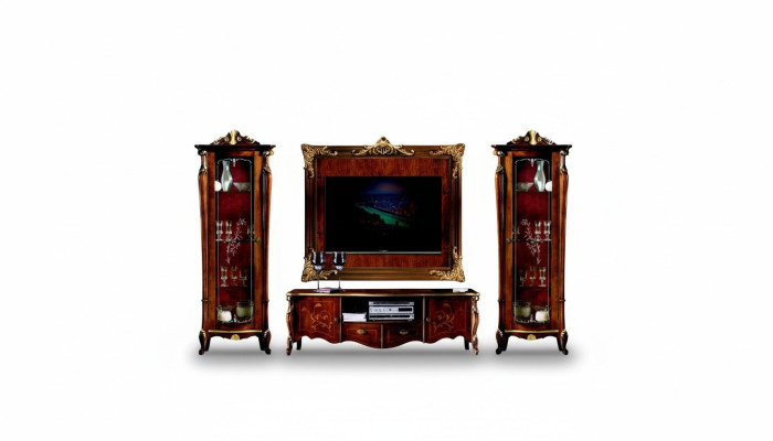 Ensemble de meubles italiens en 4 pièces composé de 2 vitrines, un buffet, un meuble TV, une plaque murale et une armoire.