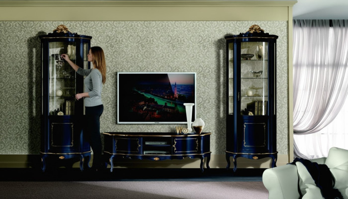 Ensemble de luxe Suite 3 pièces Meuble TV avec 2x Vitrine Bleu Mobilier de luxe italien de style baroque.