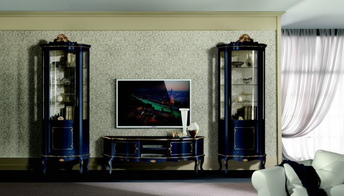 Ensemble de luxe Suite 3 pièces Meuble TV avec 2x Vitrine Bleu Mobilier de luxe italien de style baroque.