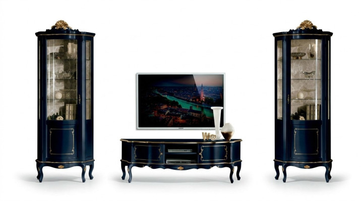 Ensemble de luxe Suite 3 pièces Meuble TV avec 2x Vitrine Bleu Mobilier de luxe italien de style baroque.