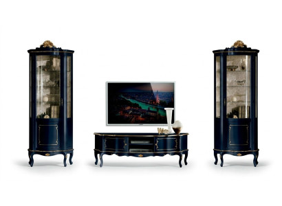 Ensemble de luxe Suite 3 pièces Meuble TV avec 2x Vitrine Bleu Mobilier de luxe italien de style baroque.