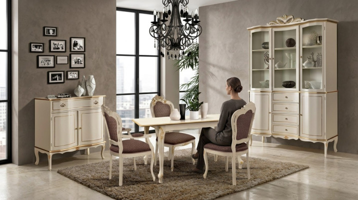 Ensemble de salle à manger de luxe 6 pièces Meuble en bois blanc Commode 3 chaises Table