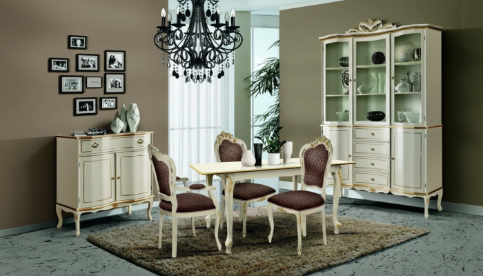 Ensemble de salle à manger de luxe 6 pièces Meuble en bois blanc Commode 3 chaises Table
