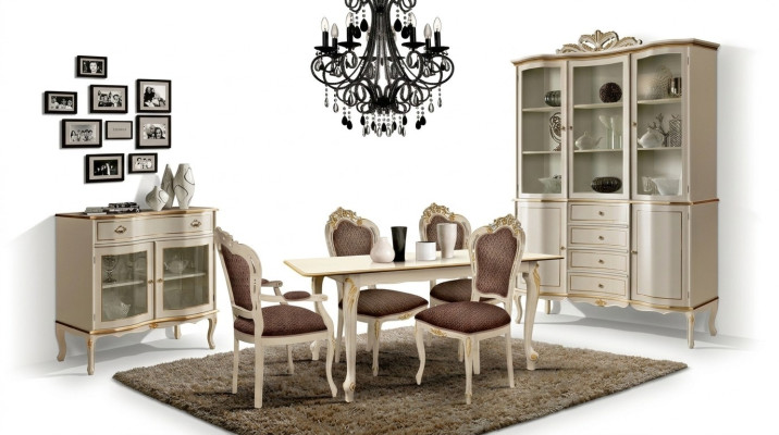 Ensemble de salle à manger de luxe 6 pièces Meuble en bois blanc Commode 3 chaises Table