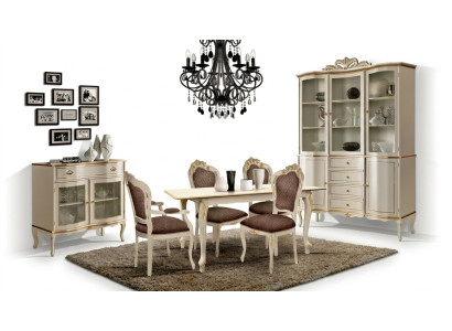 Ensemble de salle à manger de luxe 6 pièces Meuble en bois blanc Commode 3 chaises Table