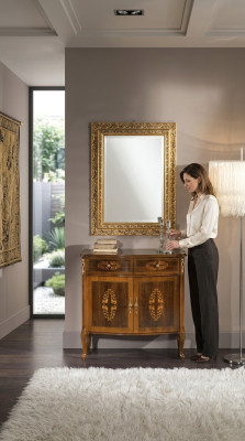 Commode en bois, meuble baroque avec miroir, ensemble de meubles de luxe italiens en deux pièces