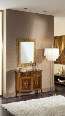 Commode en bois, meuble baroque avec miroir, ensemble de meubles de luxe italiens en deux pièces