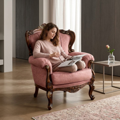 Chic Fauteuil baroque de luxe de designer rose en bois italien Mobilier de salon nouveau