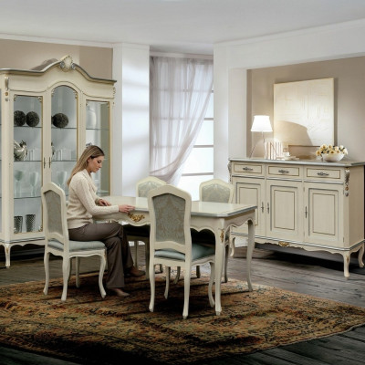 Ensemble de salle à manger de luxe de 7 pièces en bois blanc, comprenant une commode, 4 chaises, une table et une vitrine.