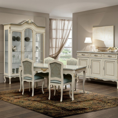 Ensemble de salle à manger de luxe de 7 pièces en bois blanc, comprenant une commode, 4 chaises, une table et une vitrine.