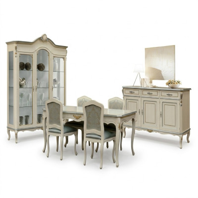 Ensemble de salle à manger de luxe de 7 pièces en bois blanc, comprenant une commode, 4 chaises, une table et une vitrine.