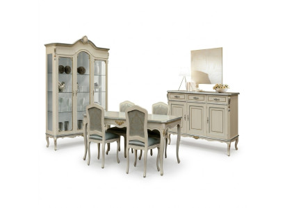 Ensemble de salle à manger de luxe de 7 pièces en bois blanc, comprenant une commode, 4 chaises, une table et une vitrine.