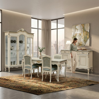 Ensemble de salle à manger de luxe 5 pièces Mobilier en bois blanc 4x chaise Table Style Baroque neuf