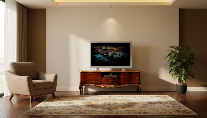 Armoire TV baroque en bois design avec 2 portes, tiroir et étagère Italie.