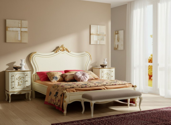 Lit de luxe 160x195cm avec tête de lit en bois et 2 tables de chevet. Nouveaux meubles italiens