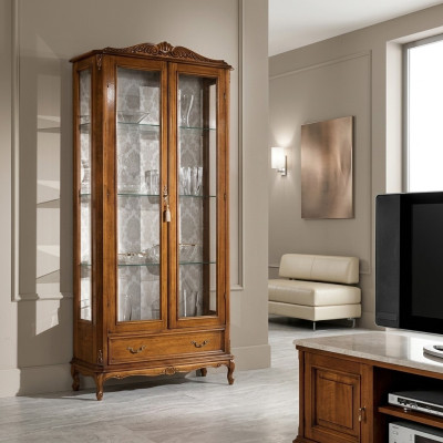 Vitrine de luxe en bois design Marron 2 portes en verre 1 tiroir Mobilier italien
