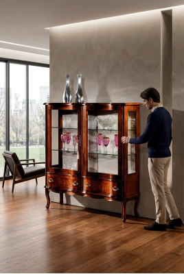 Vitrine de présentation en bois de luxe designer marron 2 portes en verre 2 tiroirs meubles italiens