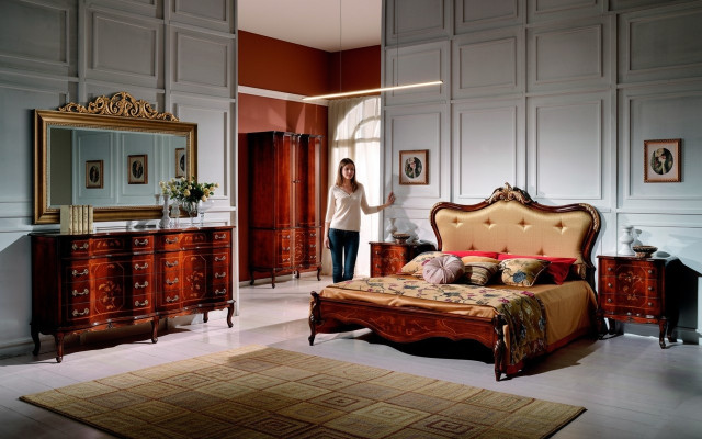 Ensemble de chambre à coucher de 3 pièces Lit 2x Table de chevet Mobilier baroque italien neuf.