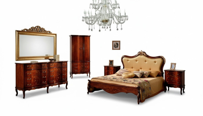 Ensemble de chambre à coucher de 3 pièces Lit 2x Table de chevet Mobilier baroque italien neuf.