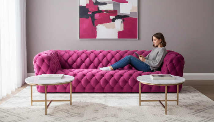 Rose Xxl Grand canapé Chesterfield Chesterfield Tissu de revêtement Canapés Quatre places 250cm neuf