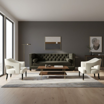 Chesterfield + 2 Fauteuil Noir Blanc XXL Grand mobilier en tissu créatif