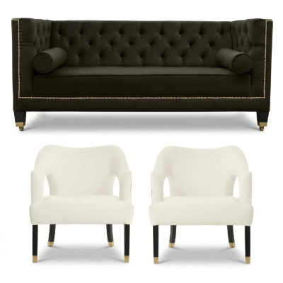 Chesterfield + 2 Fauteuil Noir Blanc XXL Grand mobilier en tissu créatif