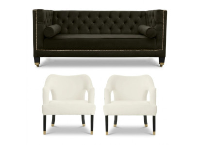 Chesterfield + 2 Fauteuil Noir Blanc XXL Grand mobilier en tissu créatif