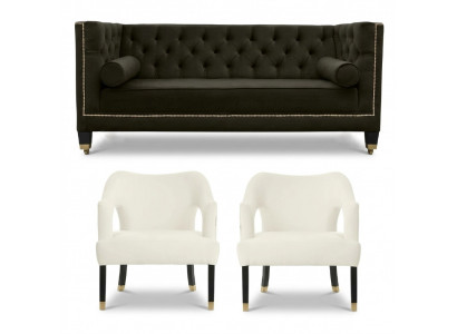 Chesterfield + 2 Fauteuil Noir Blanc XXL Grand mobilier en tissu créatif