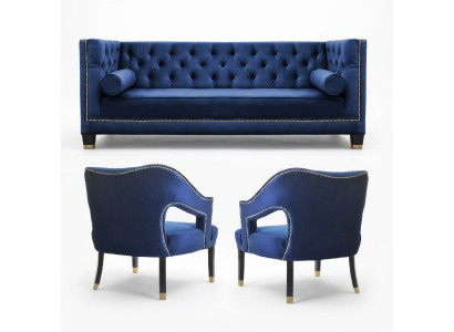 Ensemble de canapé Chesterfield bleu de luxe Un fauteuil + un ensemble de trois places 3+1+1