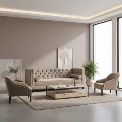 Fauteuil Chesterfield beige Ensemble de meubles de luxe Tissu d'ameublement Canapés Groupe nouveau