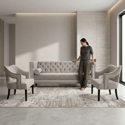 Ensemble de canapé Chesterfield beige. Sièges rembourrés. Ensemble de 3 pièces.