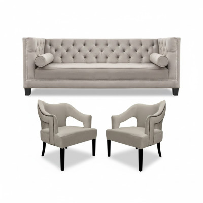 Ensemble de canapé Chesterfield beige. Sièges rembourrés. Ensemble de 3 pièces.