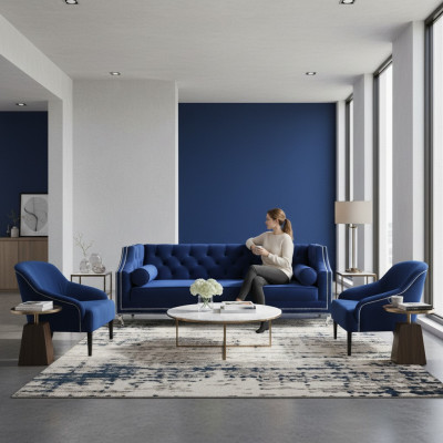 Fauteuil Chesterfield bleu XXL en tissu, groupe de canapés Chesterfield en tissu bleu.