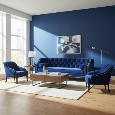 Fauteuil Chesterfield bleu XXL en tissu, groupe de canapés Chesterfield en tissu bleu.